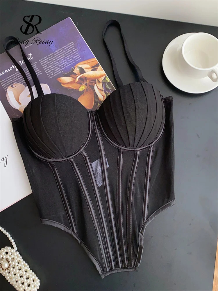 SINGREINY Fashion Solid Corset Lingerie Top Ladies Strap Sheer Mesh Slim Camisole American Retro Backless Beach Sexy Tank Top250324
