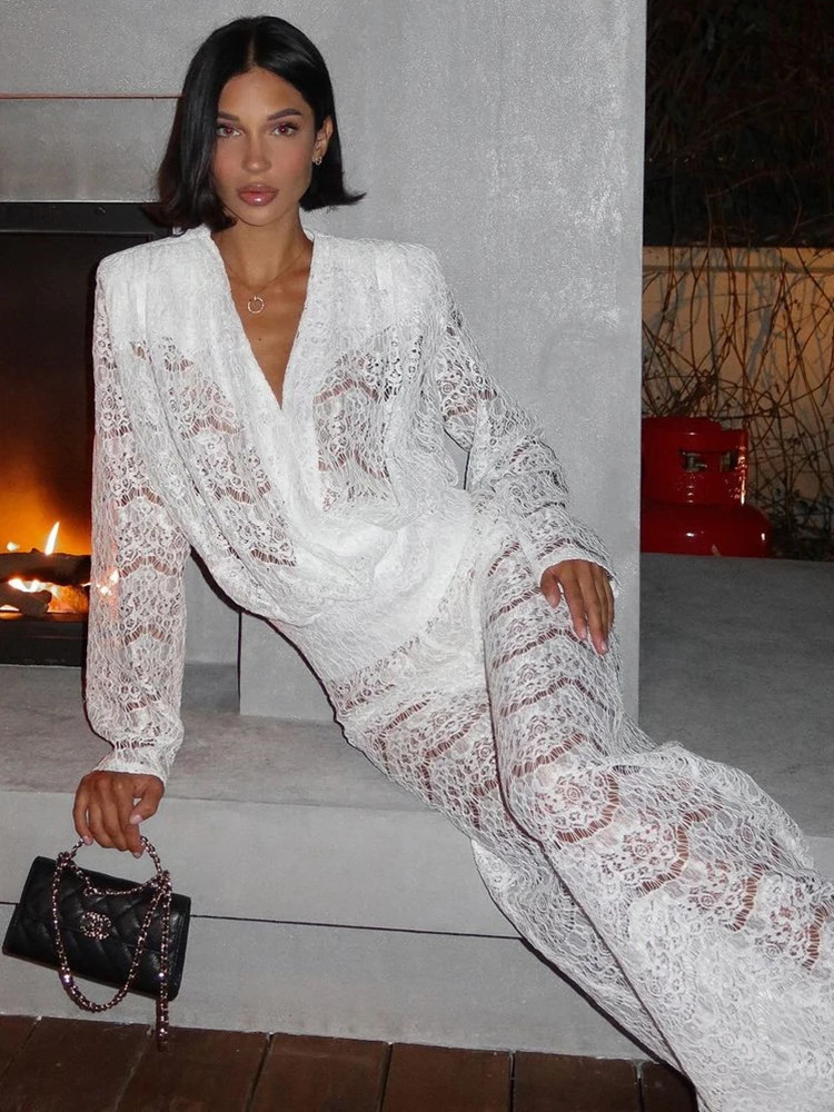Mozision White Lace Two Piece Sets Women Deep V Neck Long Sleeve Tops And Long Pants Ladies See Through Loose Trousers Sets 250325