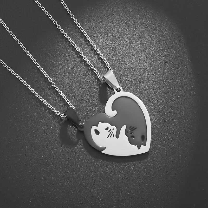 Hot Hug Pet Cat Pairing Couple Necklace Fashion Stainless Steel Mens Best Friend Bff Pendant Jewelry Gift W250325