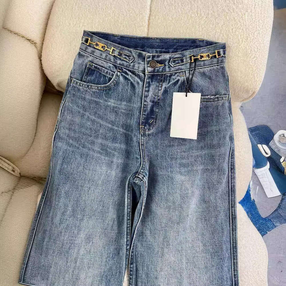 High End Spring New Pants Chain High Waist Slimming Wide Straight Leg Jeans For Women B5
