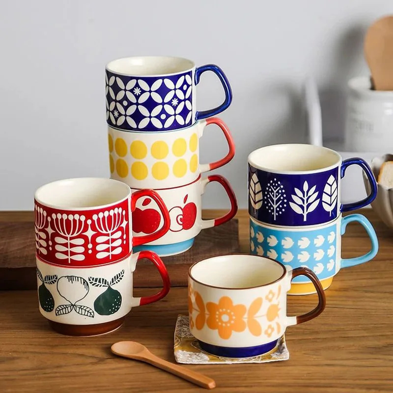 300ml Japanese Flower Coffee Cup Set Retro Ceramic Milk Oat Office Water Handle Kitchen Party Beverage 250325
