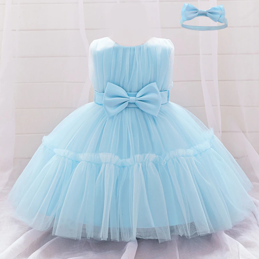 Baby Pleated Girl Princess Dress Outfit Infant White 1st Birthday Baptism Dress Toddler Bow Party Wedding Prom Gown Baby Clothes 250325
