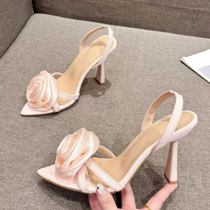 Liyke Summer Fashion Silk Rose Flowers Pointed Open Toe Back Strap Sandals Wen Red High H Wedding Pr Shoes Zapatos Mujer Z250326