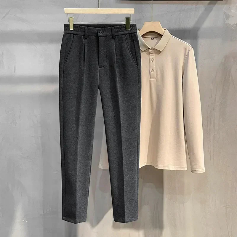 Autumn and winter mens wool suit pants Korean fashion ultrathin straight elastic waist formal business tapered brown Trouser 250326