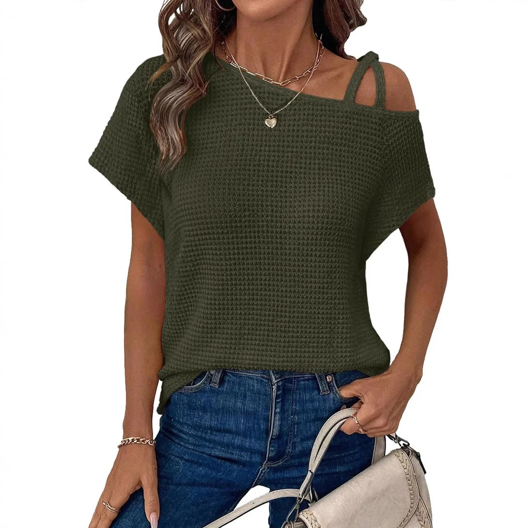 Short sleeved solid color top suitable for women. Very suitable for shoulder knitted womens clothing 250321