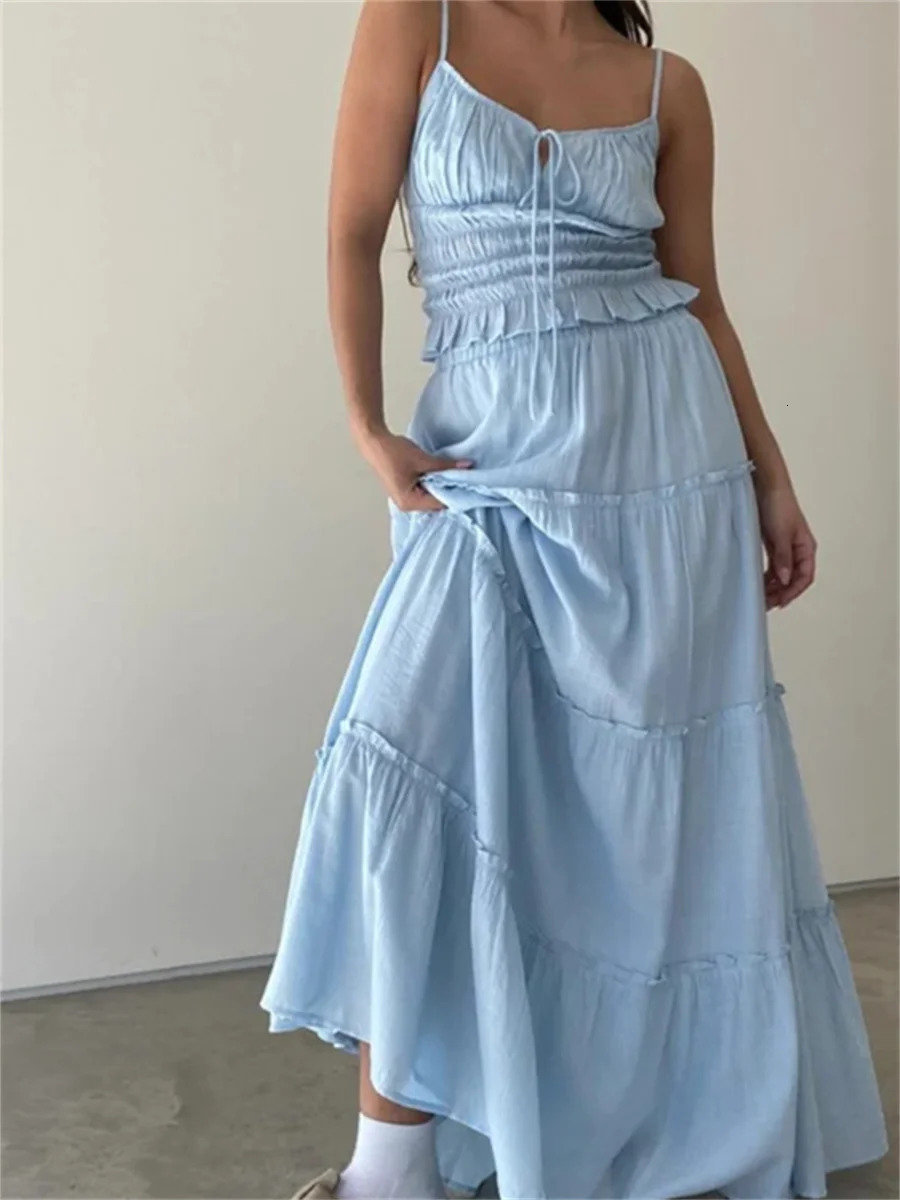Womens Going Out Maxi Skirts Set Low Cut Lace Decoration Cami Top Crop Top High Waist Body Maxi Skirt 2PCS Set 250321