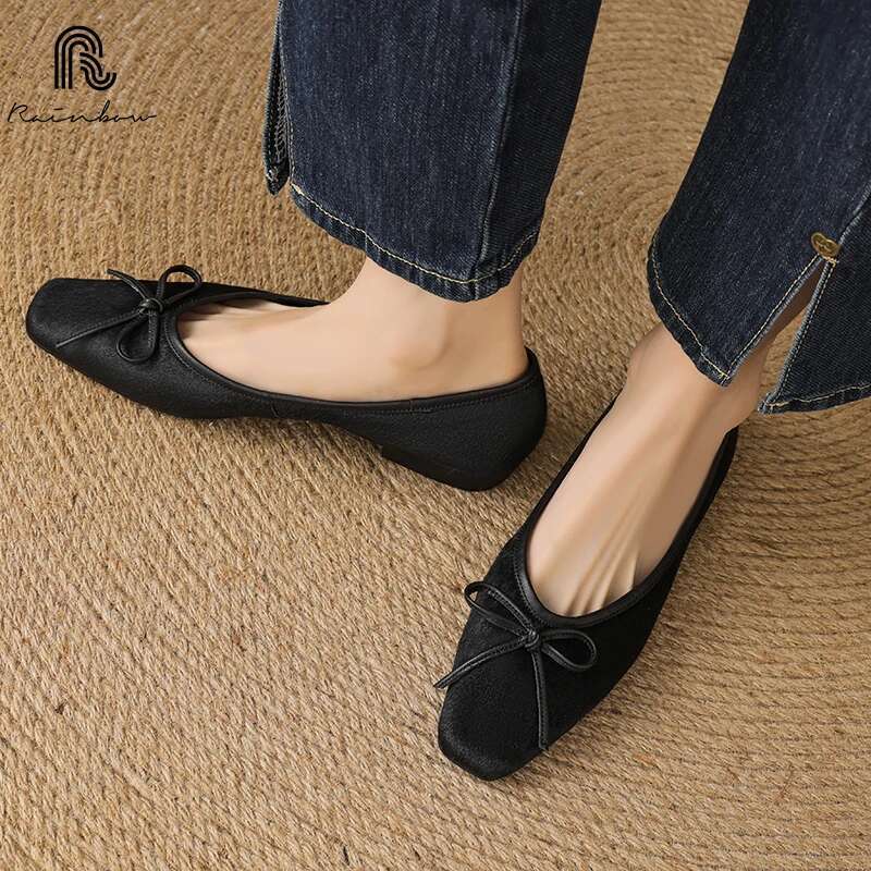 RAINBOW Size 34-43 New Spring Autumn Women Pumps Square Toe Chunky Horsehair Leopard Shoes Concise Flats Comfortable Black Soft