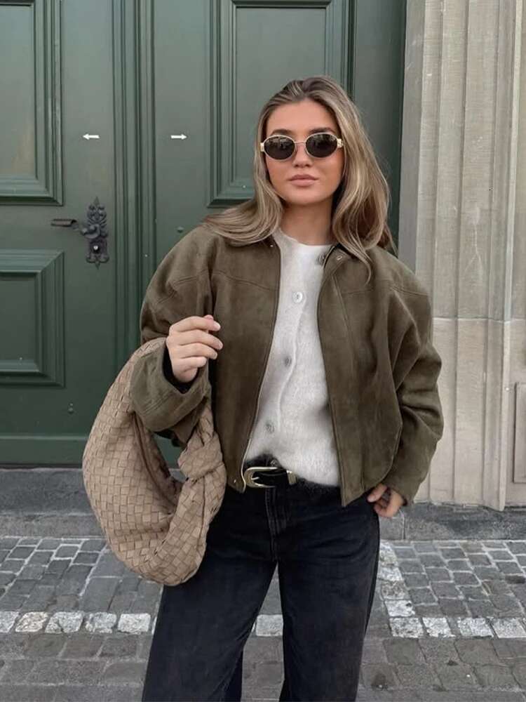High Street Suede Jackets Women Vintage Loose Lapel Long Sleeves Elastic Band Coats Female 2025 Spring Zipper Chic Streetwears