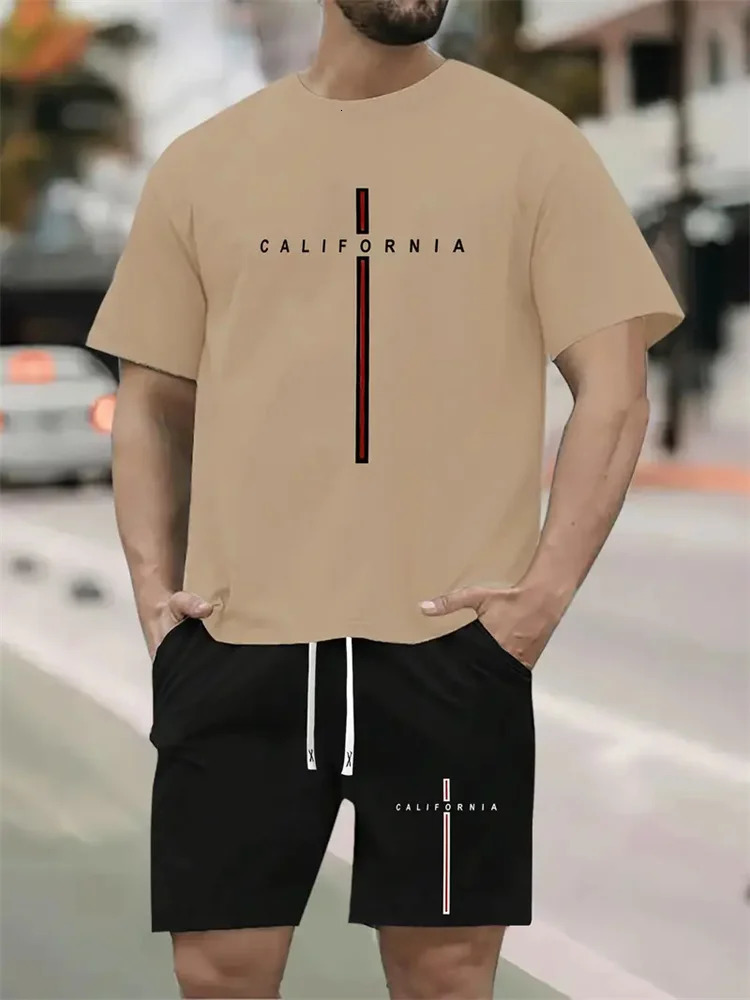 summer solid color letter printing set casual sportswear mens office set short sleeved T-shirt street simple two-piece set 250324