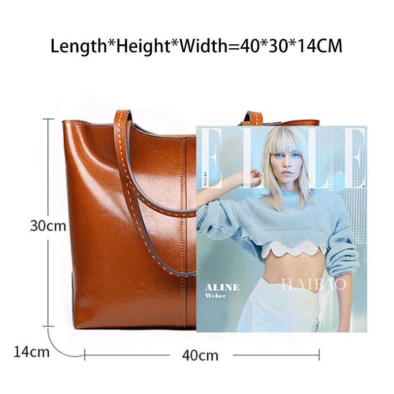 Zency Soft Cowhide Leather Fashion Women Shoulder Retro Brown Tote Handbag Large Capacity Lady Shopping Bag Black Grey