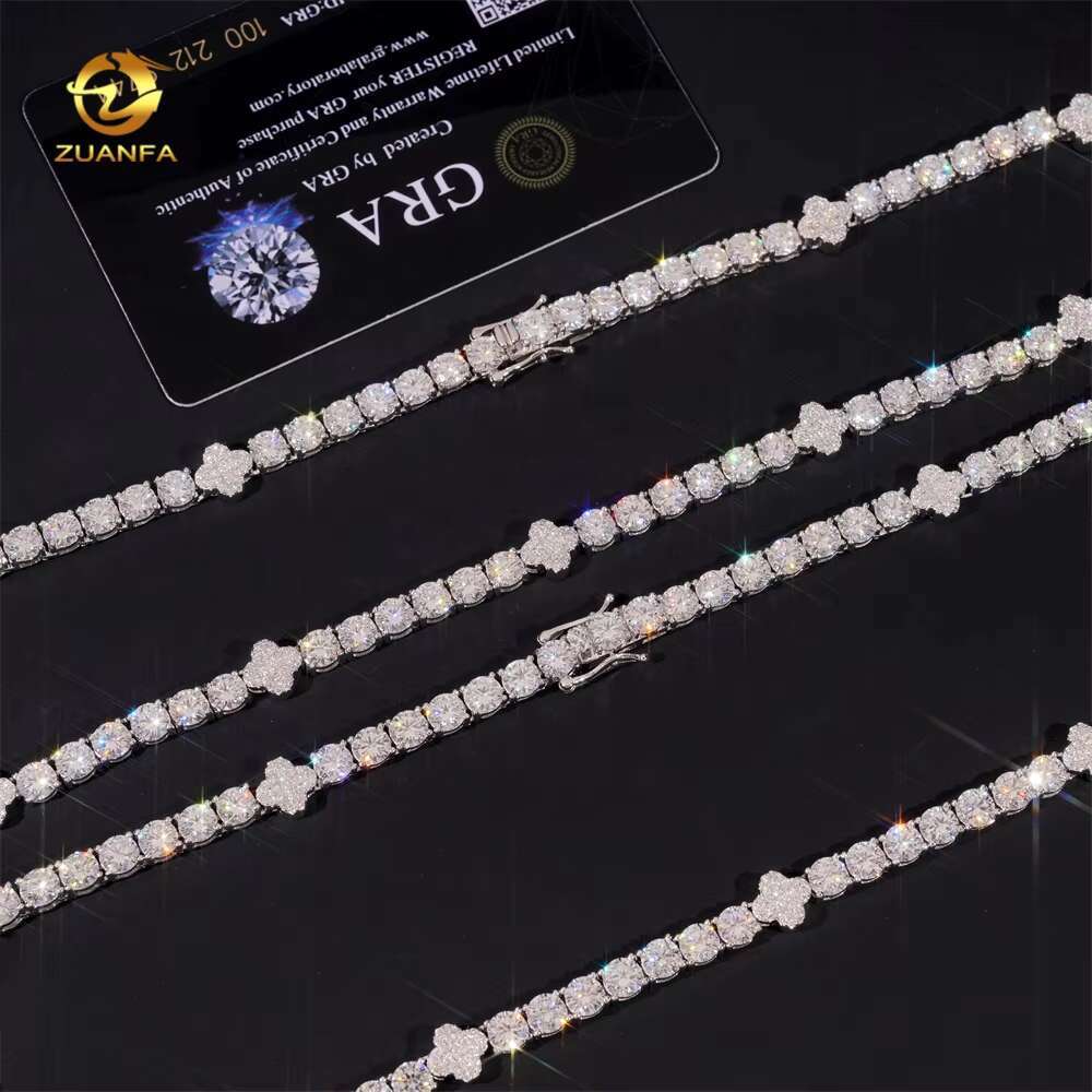 New Arrivals Hip Hop Clover Design 5mm Iced Out 925 Sterling Silver D Color Moissanite Tennis Chain Necklace