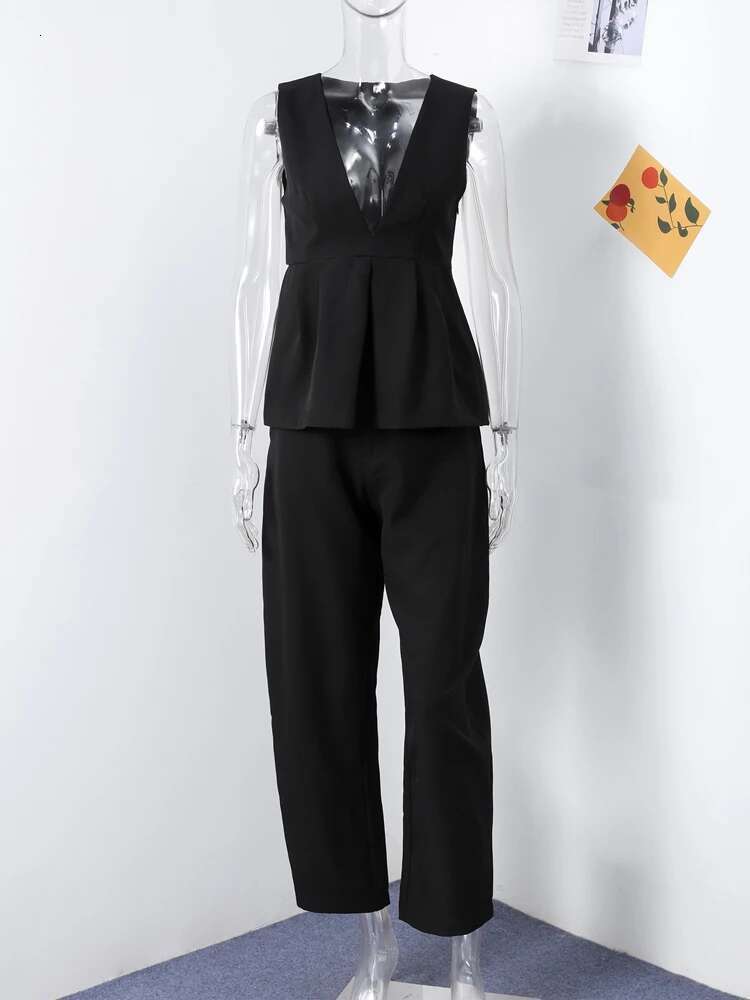 Ruffled Hem Tank Top Pants Sets Women Deep V-neck Sleeveless Zipper Chic Vest Tops High Waist Loose Harem Trousers Suits Female