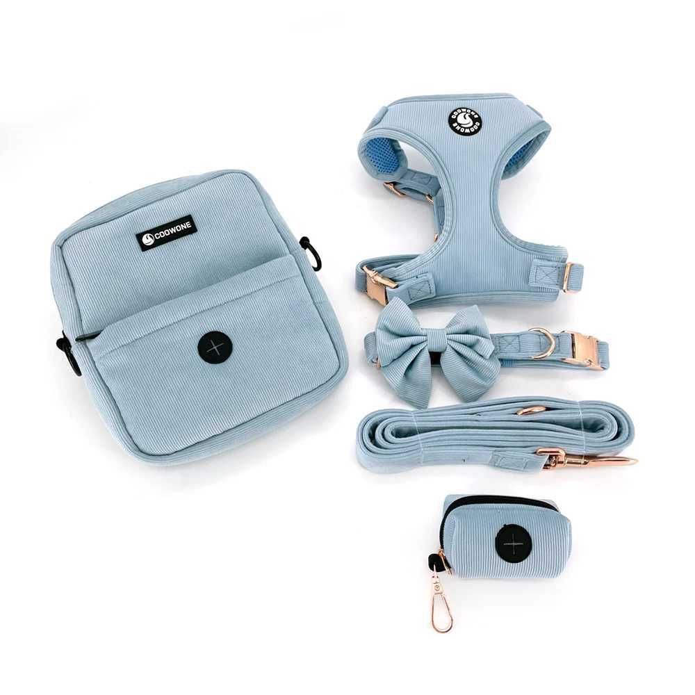 Collar adjustable non pull dog vest seat belt soft mesh pad blue Corduroy pet dog strap Collar poop bag dispenser X250326