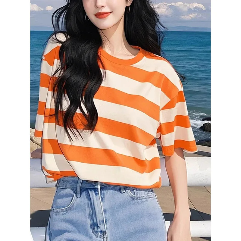 Orange Striped Short-sleeved T-shirt for Womens Summer Korean Fashion Casual Top Chic Sweet Loose Pullovers 250321