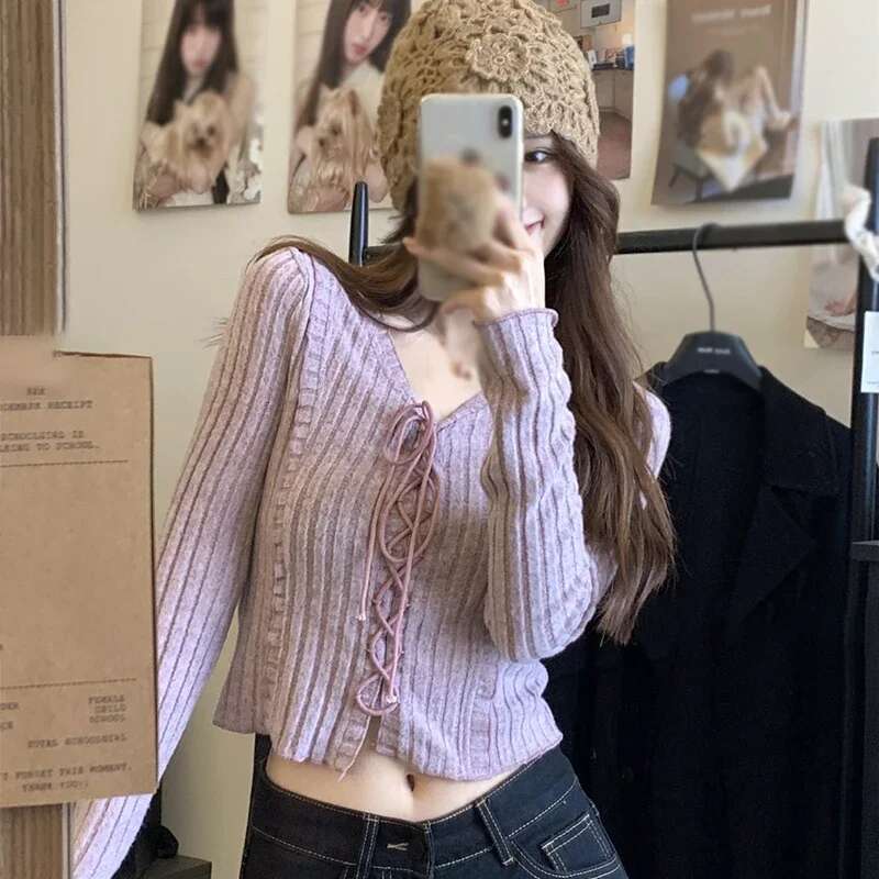 Ddmyshoesvip Women T Shirts Korean Version Solid Color V Neck Tie Slim Fit Sweet Fashion Long Sleeve Knit Autumn Fungus Trim Crop Top