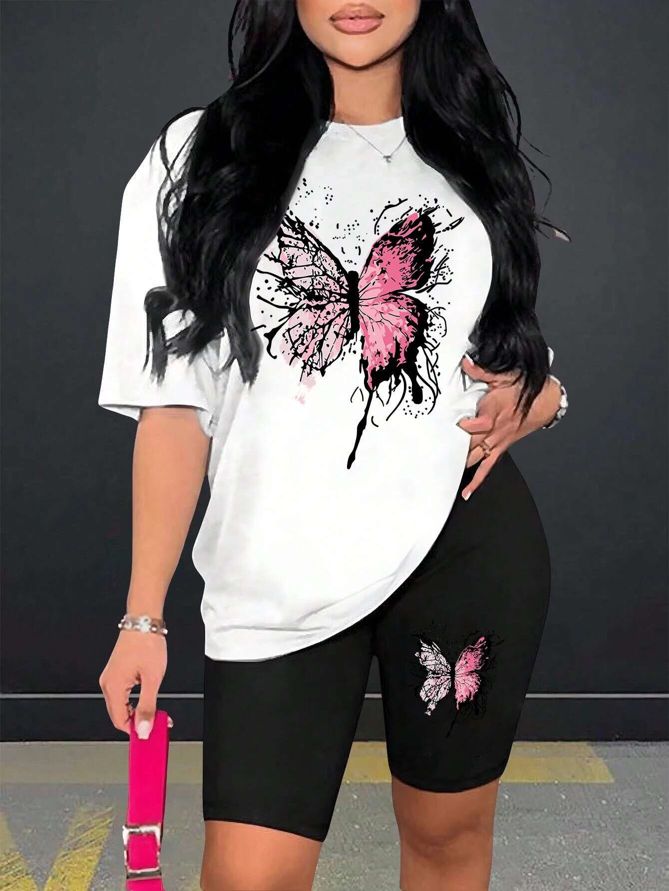 2025 Beautiful Butterfly Pattern Print For Women Short Sleeved Soft Essential Two Piece Set Sports Comfortable Shorts Sets ddmySept
