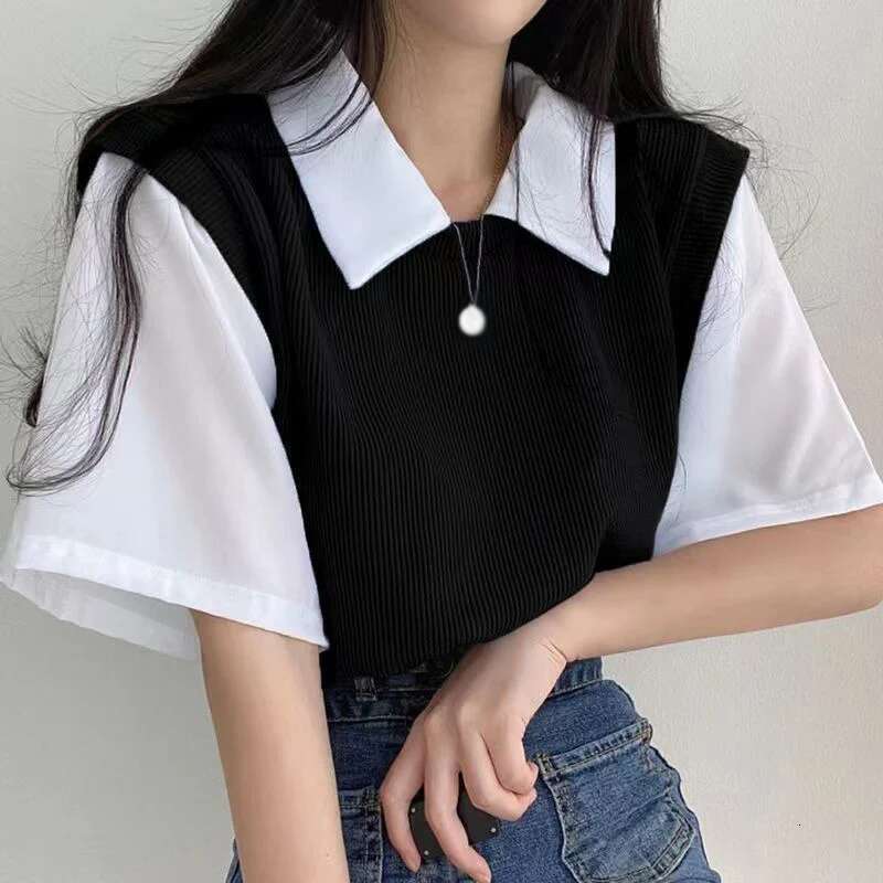 Ddmyshoesvip Women S Summer Fake Two Piece Lapel T Shirt Sweet College Style Girly Color Contrast Shrot Sleeve Casual Versatile Tops