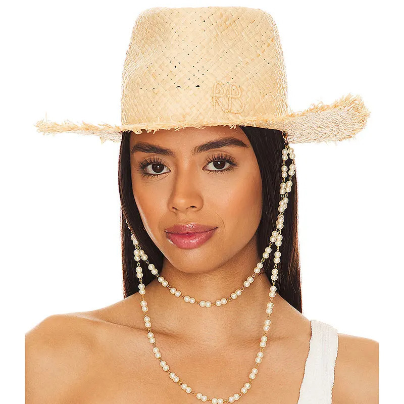 2025 Summer Raffia Straw Hat Beach Womens Seaside Panama Sun Hat Vacation Chain Pearl Flat Top Big Brim Straw Hat Handmade Caps 250325