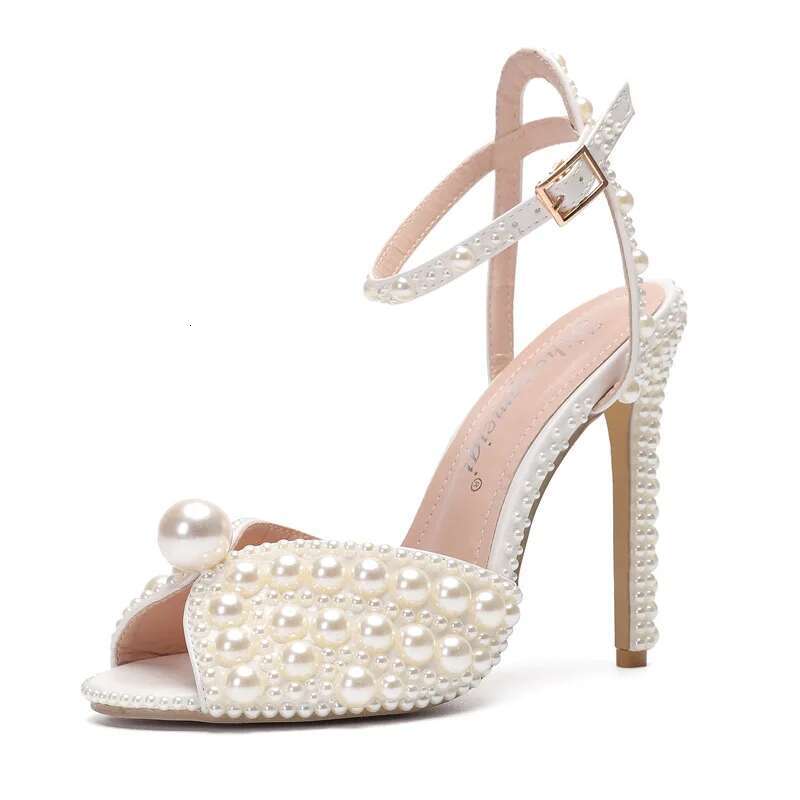 2024 Autumn New Fish High Slim Heels Shallow Mouth Water Dia Pearl Women's Single Wedding Shoes