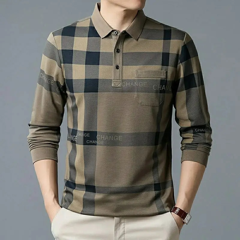 Mens striped plain retro polo shirt spring and autumn long sleeved business mens basic pocket casual loose top 250326