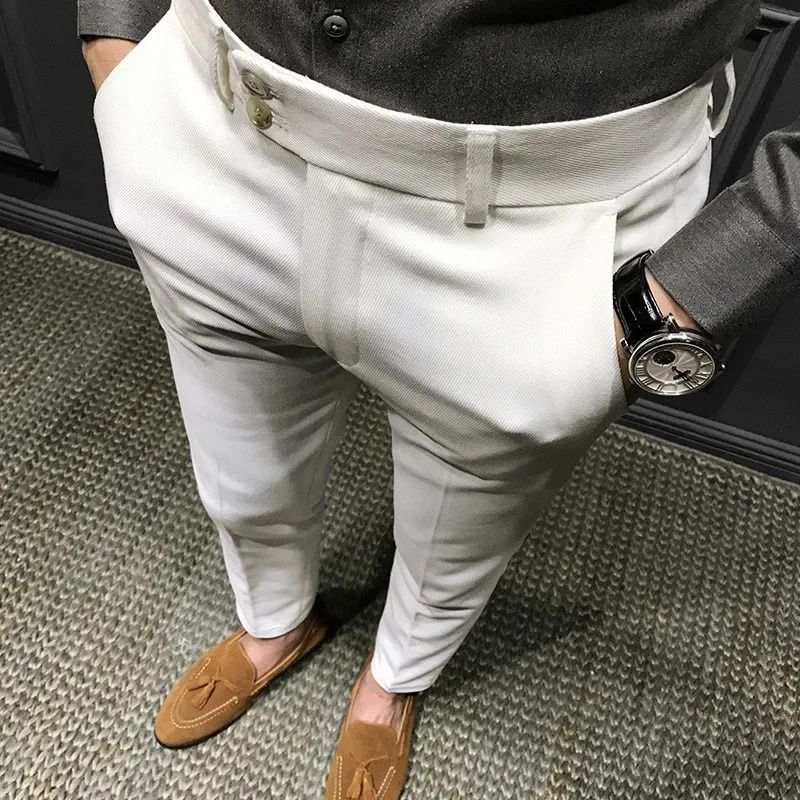 Spring Autumn Mens Slim Fit Korean Style Suit Pants Casual Nine Point Length Trendy White Pants For Office Wear 250325