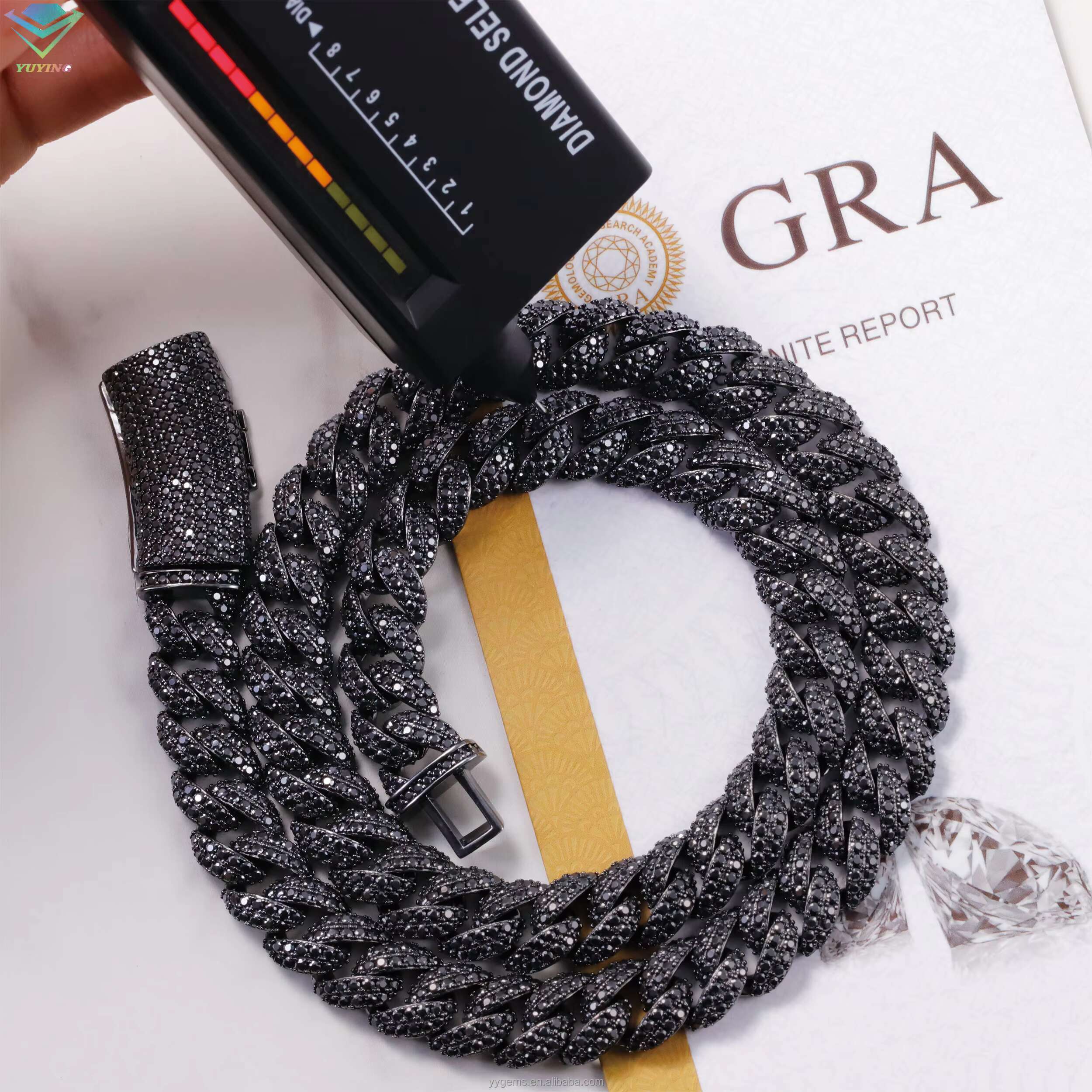 VVS Moissanite Black Plated Iced Out Chain Jewelry 9mm 13mm S925 Silver Black Diamond Cuban Link Chain Hip Hop Fashion Jewelry