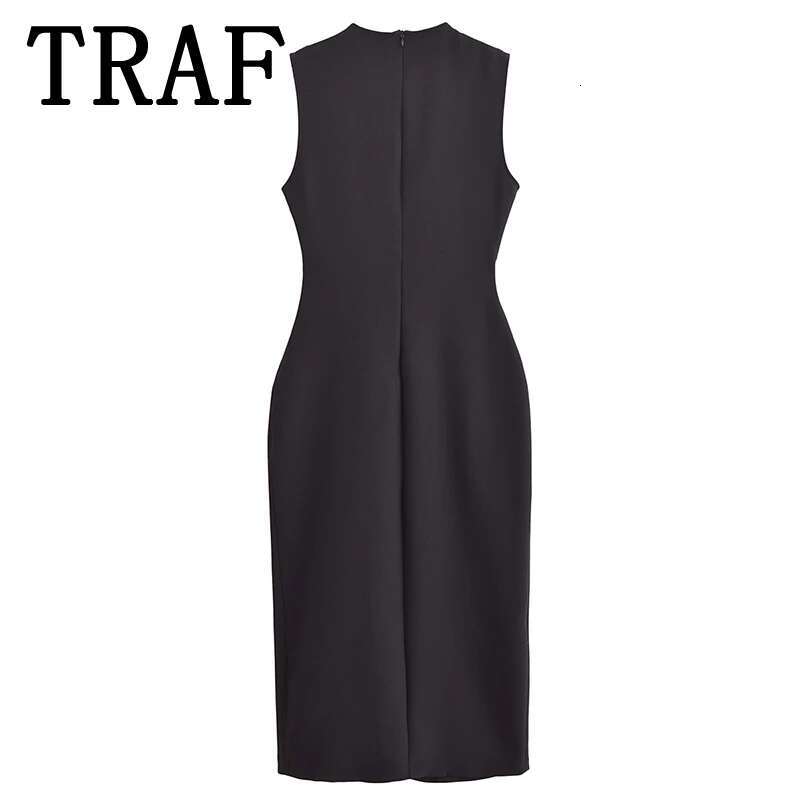 TRAF With Belt Midi Woman Elegant Long for Women 2025 Spring Dress Office Sleeveless Female Party Dresses
