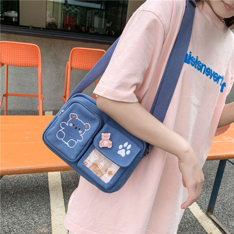 Canvas small ins antique, cute, funny and personalized embroidered bear student transparent crossbody bag