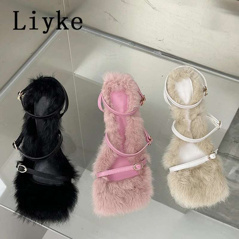 Liyke Size 35-40 Summer Party Dress Pink Sandals Women 2025 Fashion Fur Feather Thin High Heels Square Toe Buckle Strap Shoes