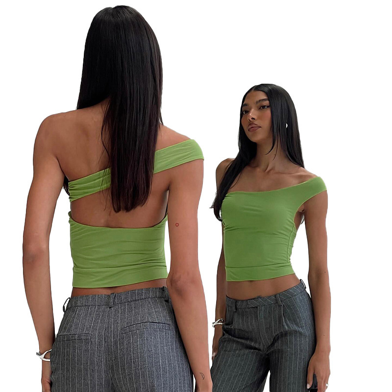 2025S Fashion Designer Q TP Women S Autumn And Winter Diagonal Cross Straight Hanging Neck Often Worn Backless Short Style Crop Top T Shirt