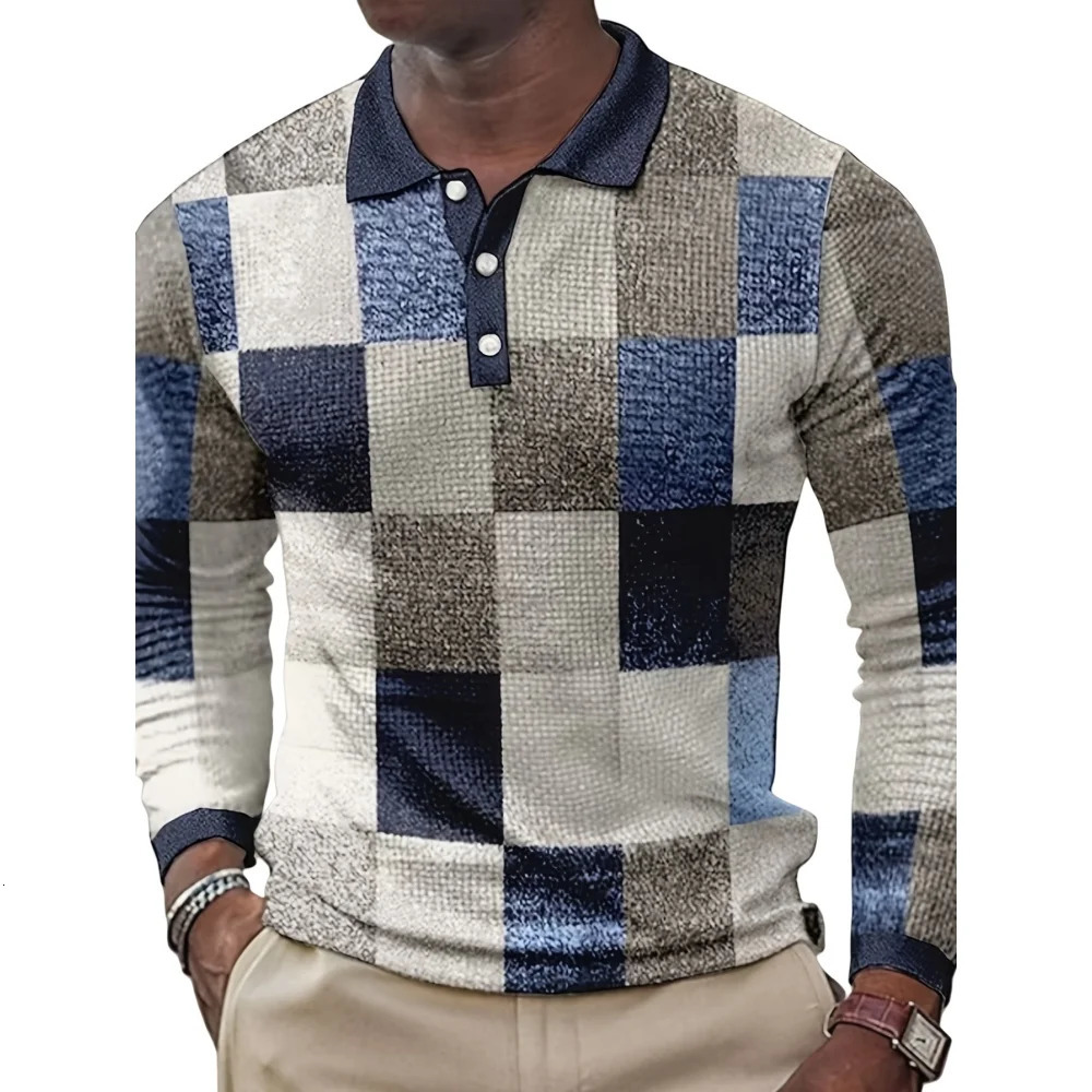 Mens polo shirt plain weave retro printed street fashion lapel long sleeved top outdoor sports button golf clothing mens Tshirt 250326