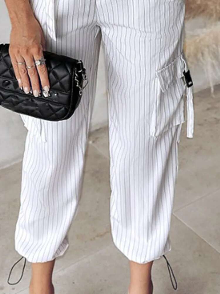 White Striped Vest Summer Casual V-neck Button Top Pocket Loose Pants Outfits Two-piece Suit For Women Elegant