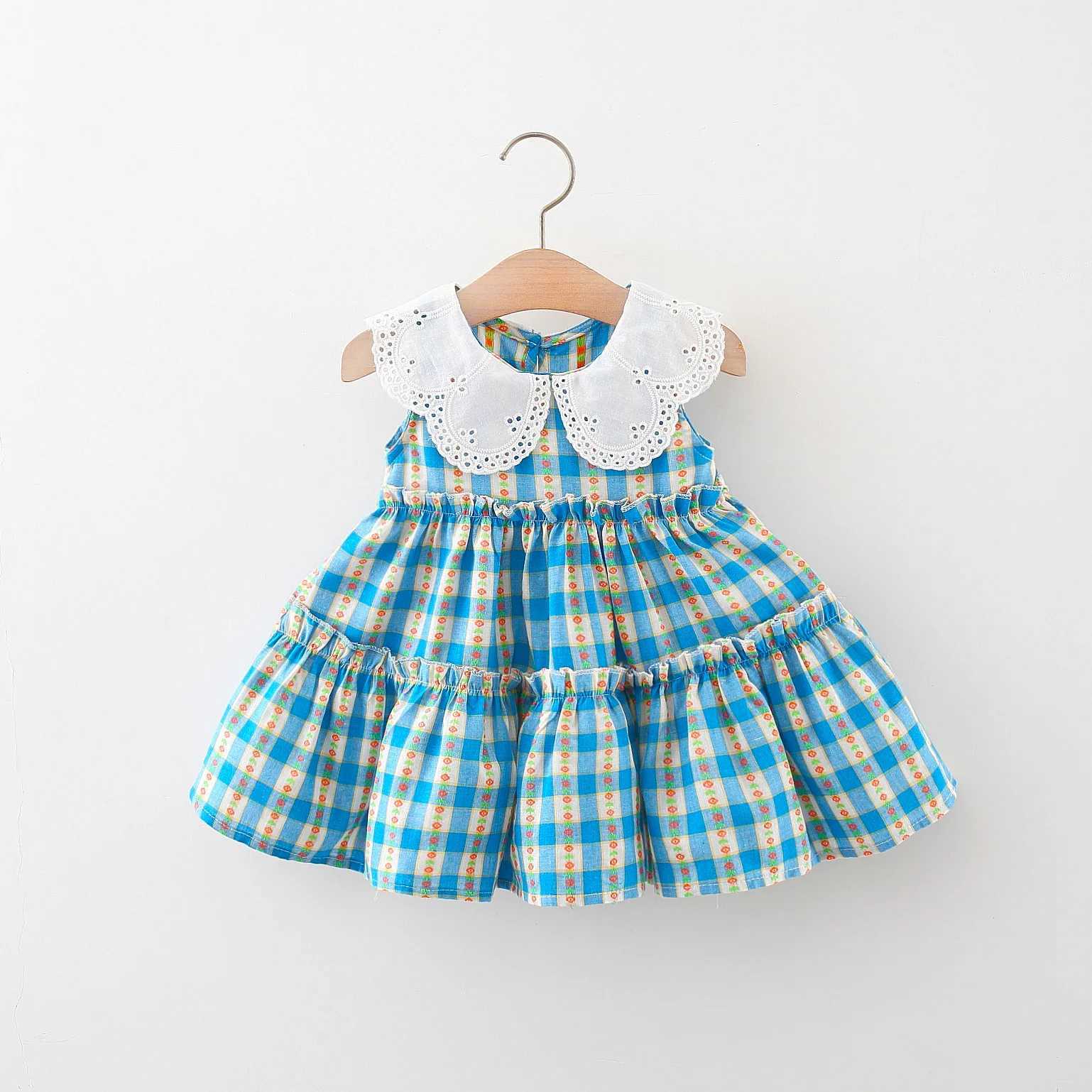 1-6 Y childrens girls cotton sleeveless lace collar dress cute floral plaid design dress W250326