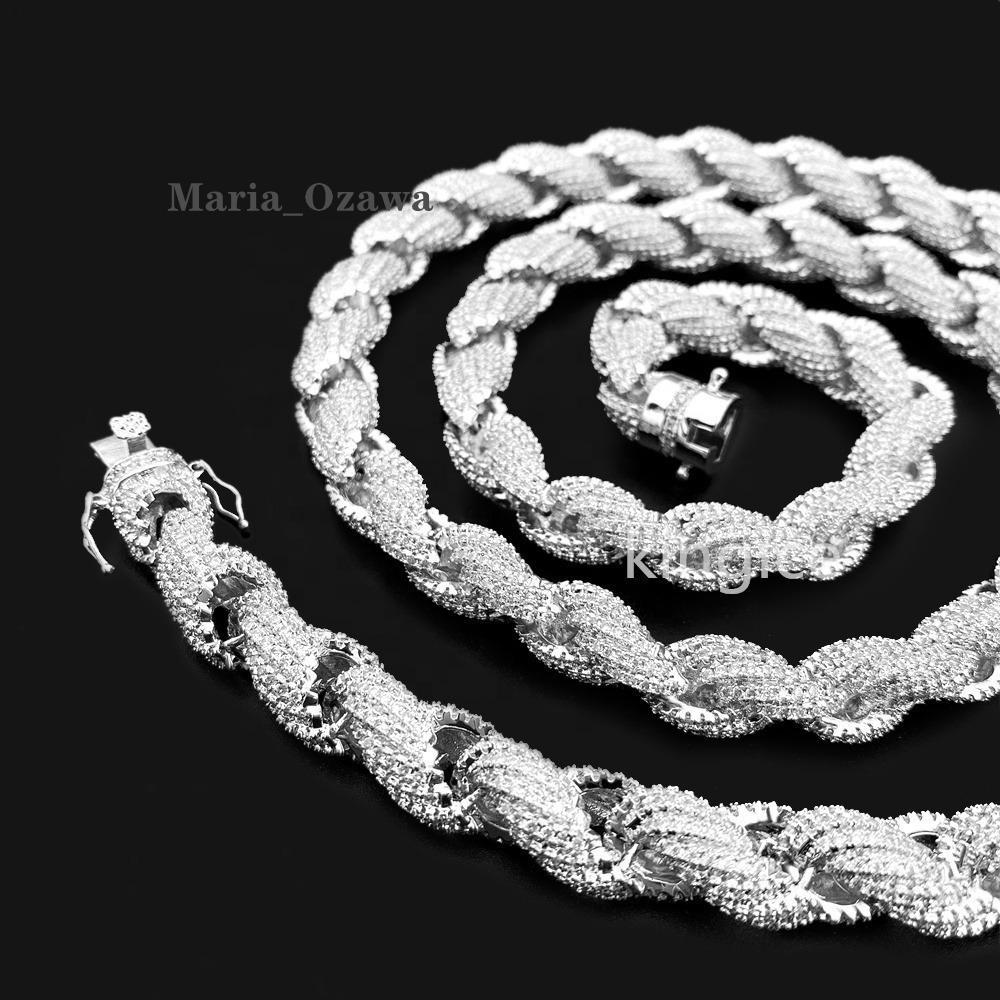 Size 11mm 925 Sterling Silver 14k White Gold Plated Twisted Men Necklace Moissanite Rope Chain