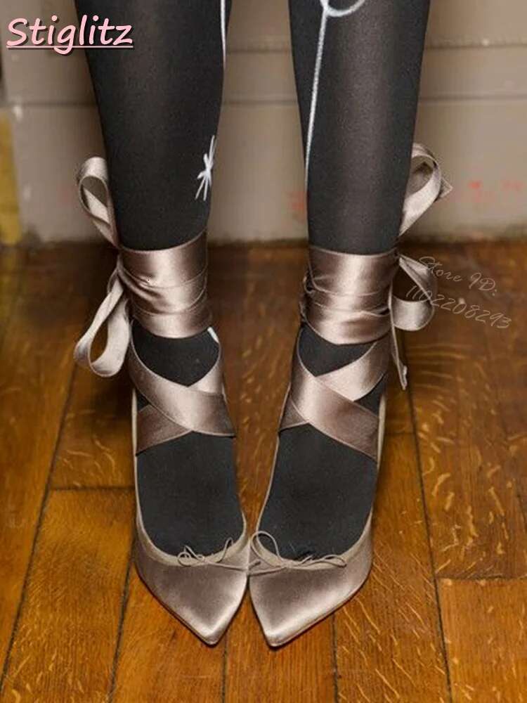 Sweet Silk Riband Pumps Butterfly-knot Lace-up Thin Heels Pointed Toe Cross-tied Solid Women 2025 Summer New Dress Shoes Elegant