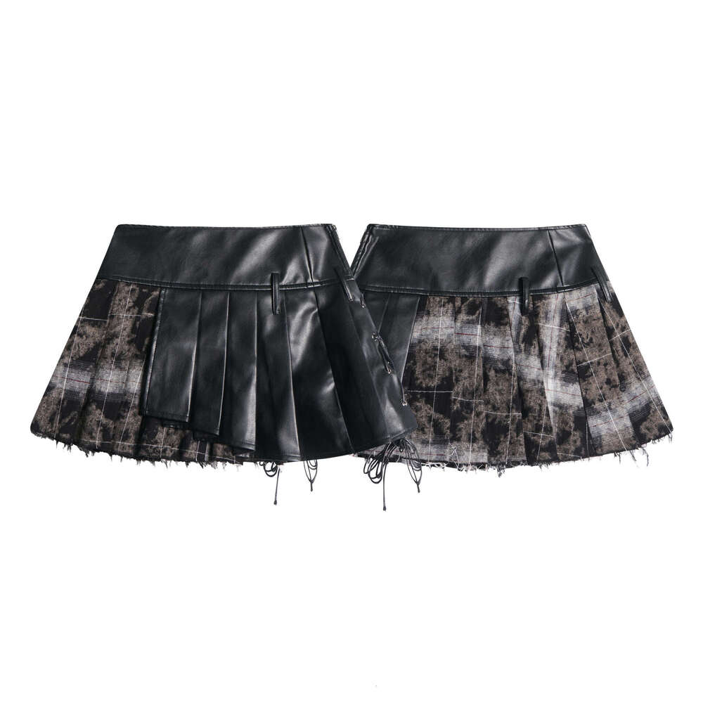 Sweet Cool Subculture Fake Two Piece Leather Splicing Pleated Short Female Y2k Punk A-Line Slimming Half Body Skirt Trendy