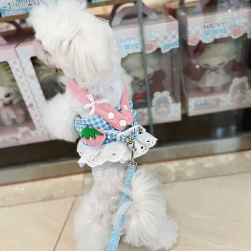 Pet collar dog strawberry lace harness belt set vest lace chest strap puppy walking lead rope X250326