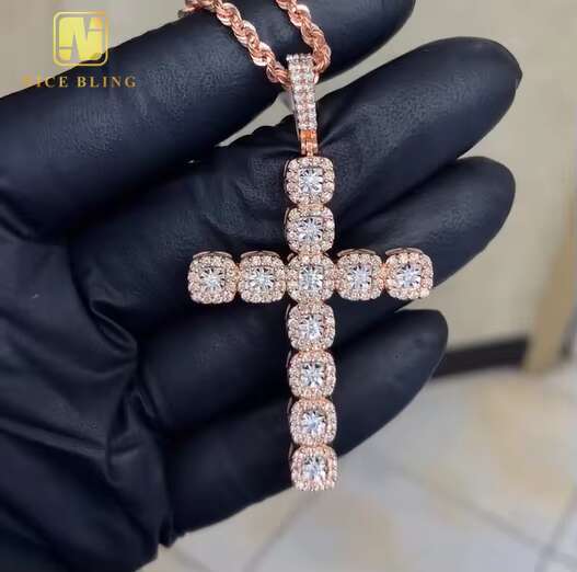 Rose Gold Plated Custom Hop Jewelry Cross Pendant Iced Out Diamond 925 Sterling Silver Full VVS Moissanite Pendant Necklace