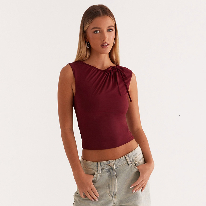 2025S Fashion Designer Y TP Women S Autumn And Winter Round Neck Pullover Solid Color Pleated Drawstring Strap Exposed Navel Top T Shirt