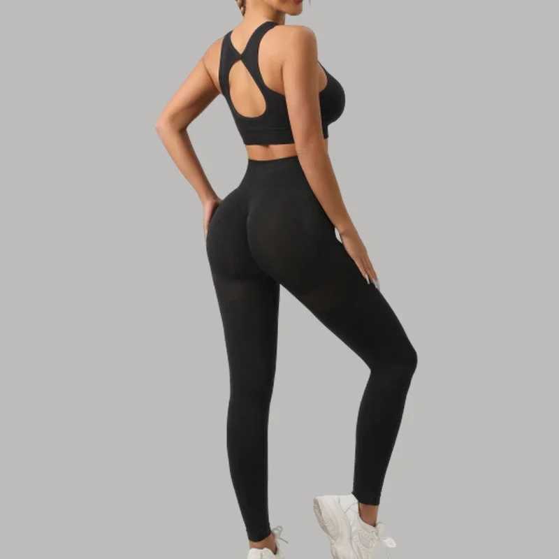 Milegirl Hollow Back Yoga Bra Set Suitable for Women 2-piece Seamless Sports Pants Set High Waist Fitness Gym Leg Exercise Tight W250326