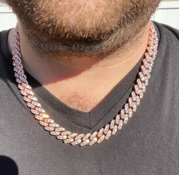 14k Rose Gold Cuban Necklace Chain Hip Hop Jewelry Pass Diamond Test 12mm Moissanite Diamond Cuban Necklace