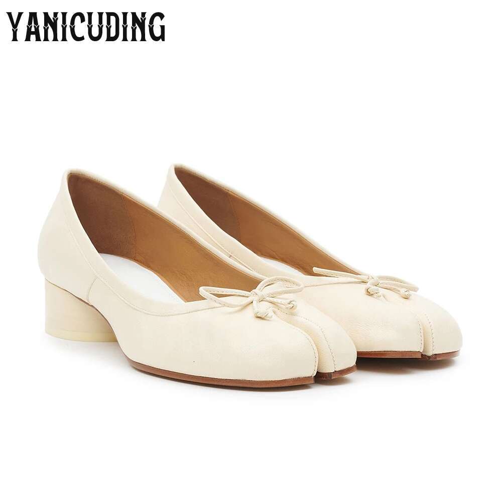 3cm Low Cydrical Heel Ballerina Pumps Tabi Slip-On Leather Shoes Bow Detaig Elegant Handmade Designer Footwear for Banqute