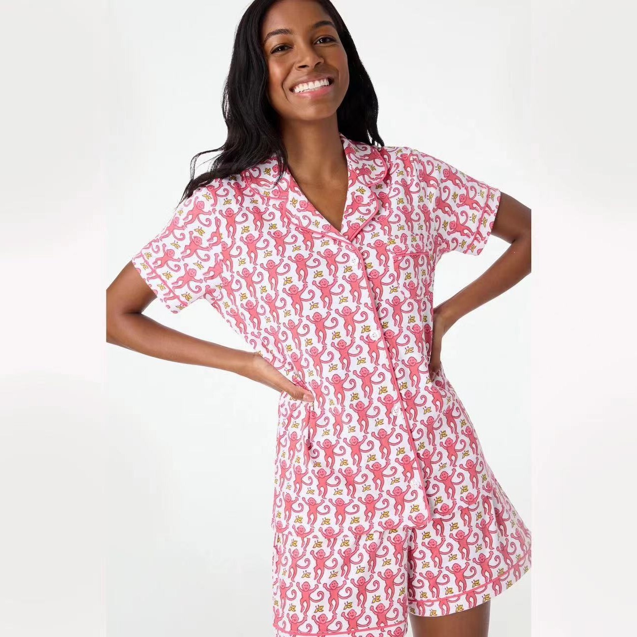2025 Summer Home Clothes Monkey Printed Polo Casual Set Pajamas for Women