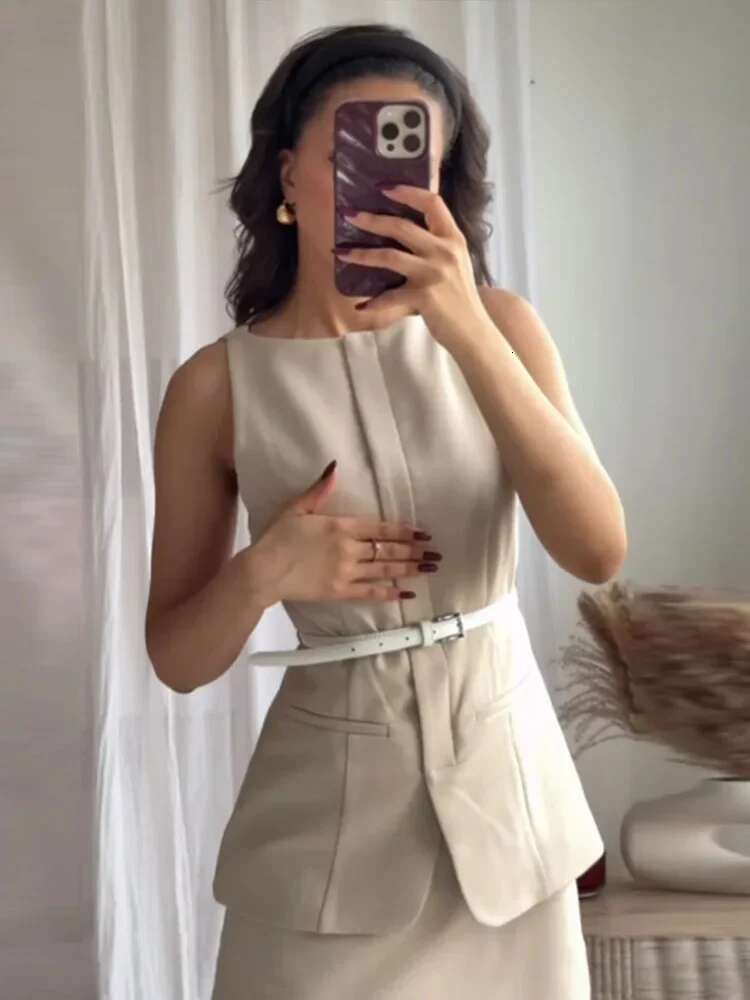 Fashion Solid Mini Skirt Sets For Women Elegant Sleeveless Tank Top With Belt Hip Package Skirts Female 2 Pcs Set Chic OL Outfit
