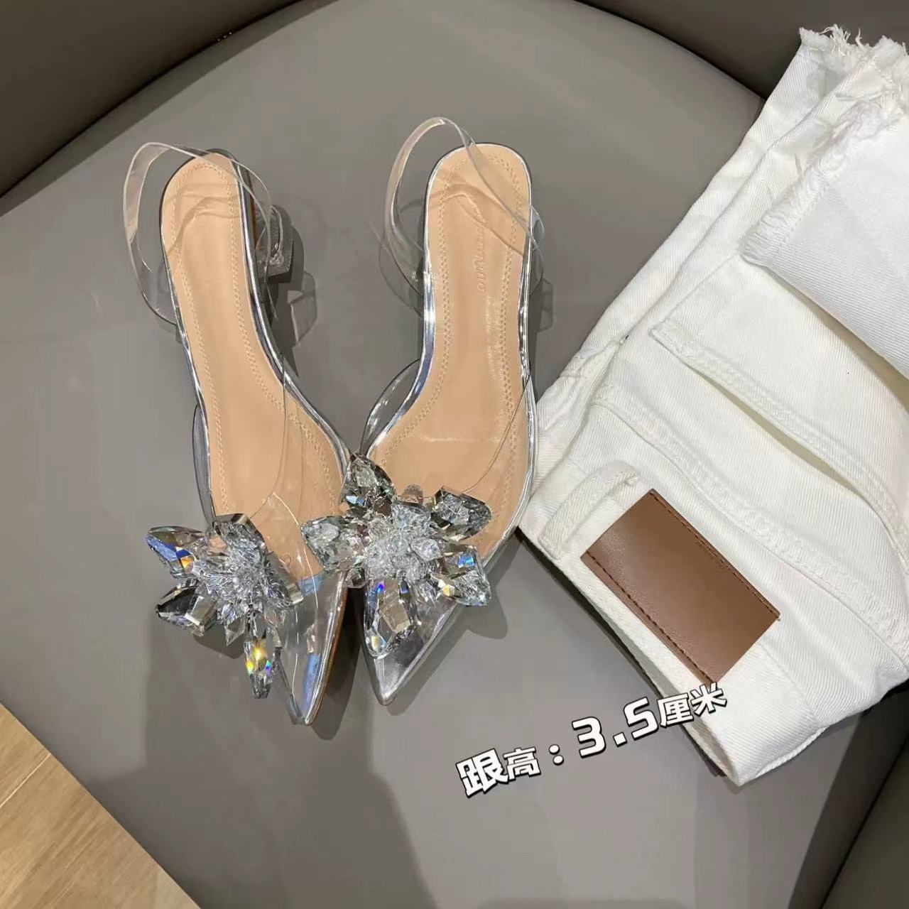 2024 Summer New Exquisite Transparent Crystal Flower High Fairy Water Diamond Fine Heels, Pointed Toe Hooded Sandals for Women