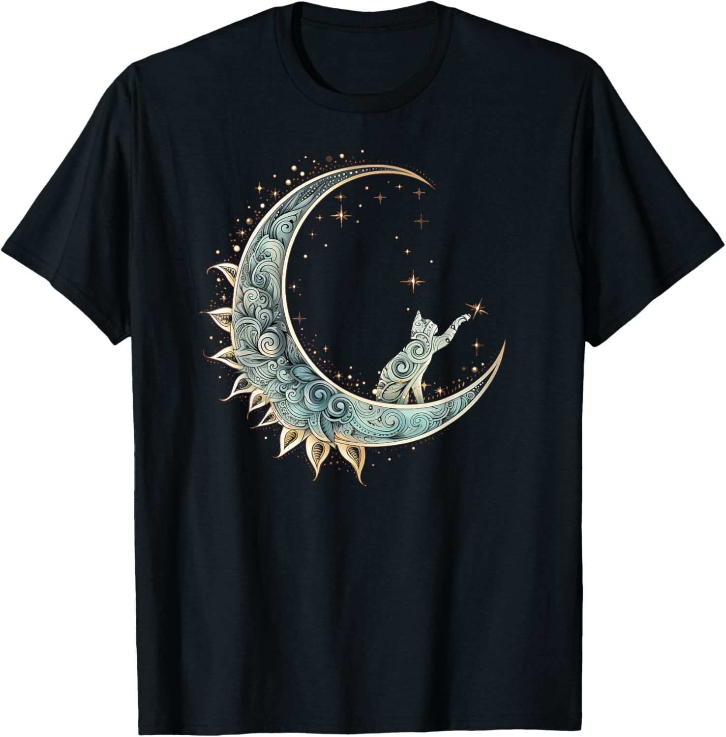 T shirt for Mens Mystical Aesthetic Cat Sitting on Crescent Moon Lunar Cat Graphic Tee Casual Tops Clothes Short sleeve cool