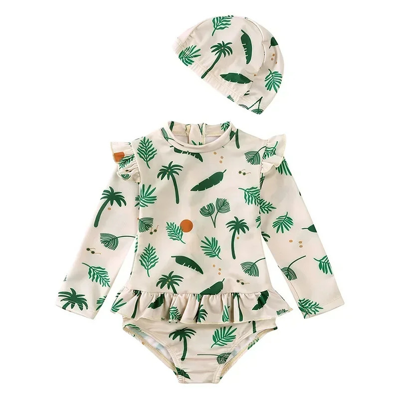 Girls Cute Backless Floral One-piece Swimsuit Baby Bikini Swimwear with hat Sun-proof Beach Vacation Toddlers Kids Chic Swimsuit 250326