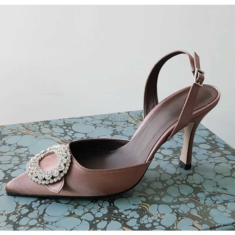High H 2023 New All-match Satin Wine Red Sexy Stiletto Rhinestone Pointed Toe Shoe Wen Sandals Z250326