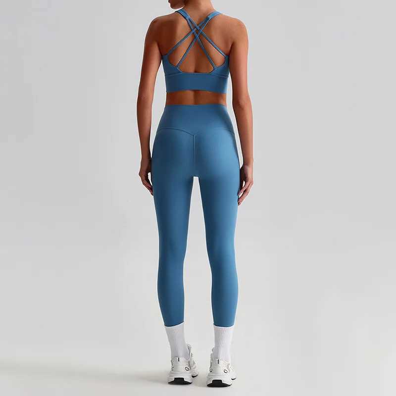 Naked feeling yoga set womens fitness sportswear 2-piece shoulder strap sports bra high waist gym leg exercise set activity suit W250326