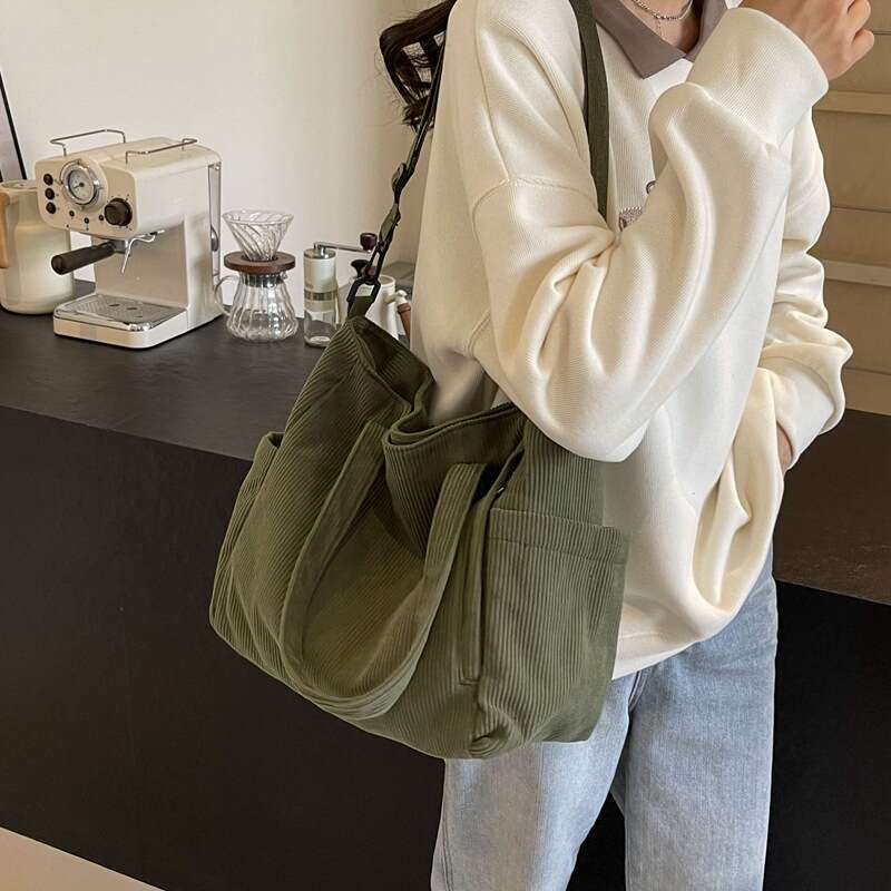 9e New corduroy tote for women's commuting, large capacity student class, single shoulder handbag, minimalist work crossbody bag
